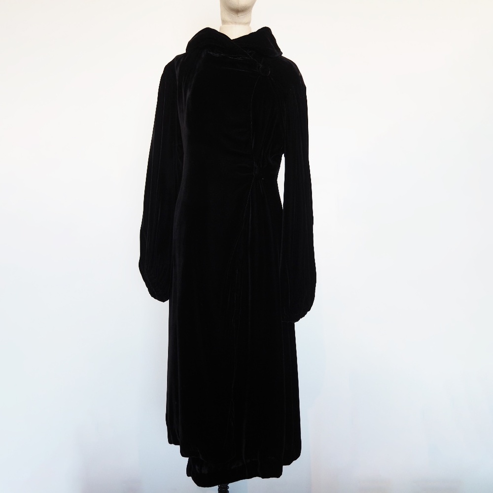 Long Black Silk Velvet Vintage "Vogue Couturier" Coat with High Collar